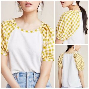Anthro Sunday in Brooklyn | White Yellow Gingham Puff Sleeve Top Med